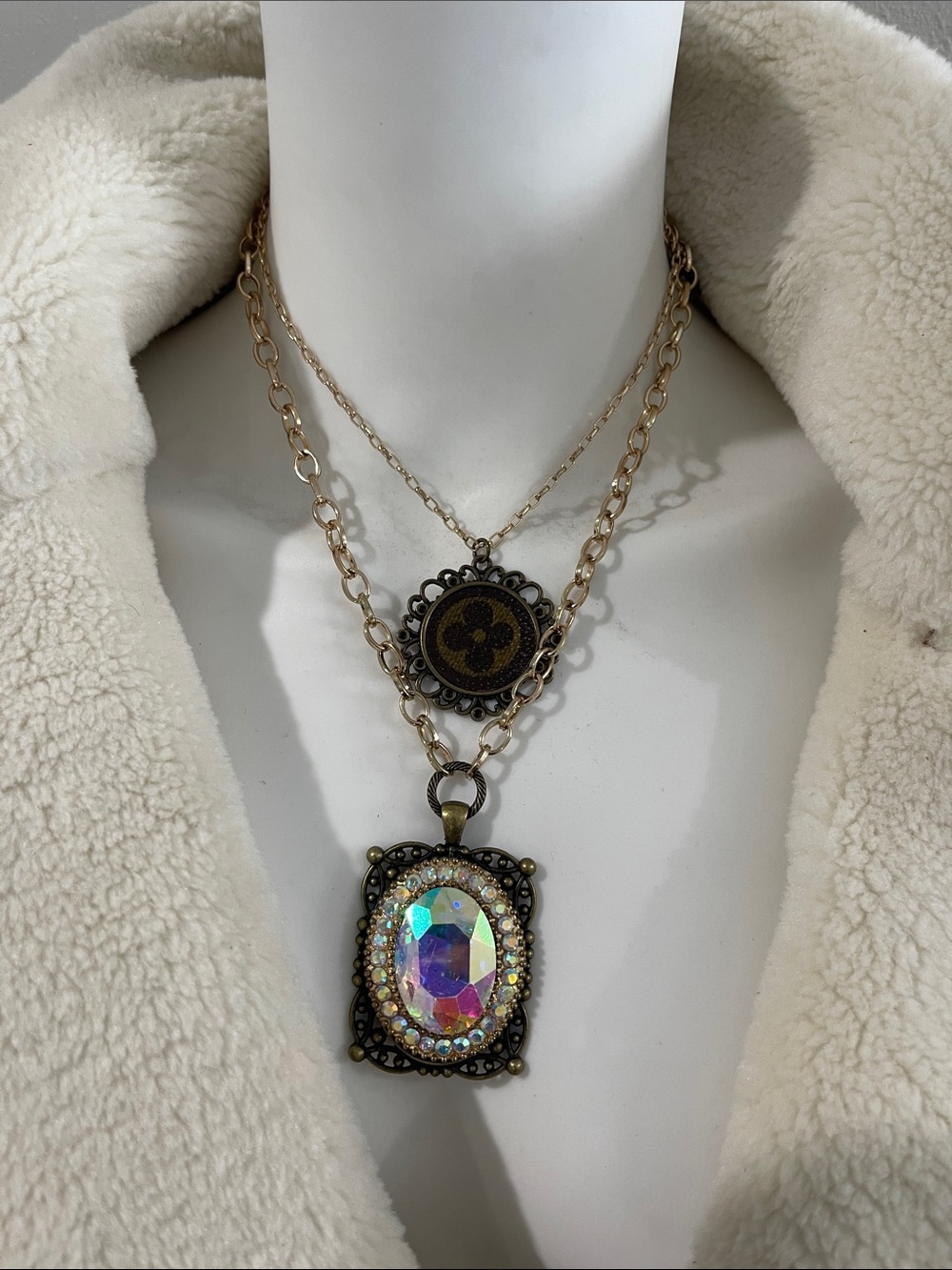 Gold-Tone Layered Pendant Necklace with Iridescent Crystal